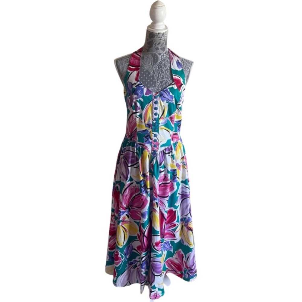 Vintage 80s Robbie Bee Floral Print Halter Neck
Maxi Dress